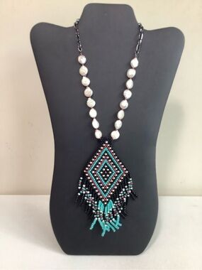 Boho Black and Turquoise Beaded Fringe Necklace with Pearl Accents